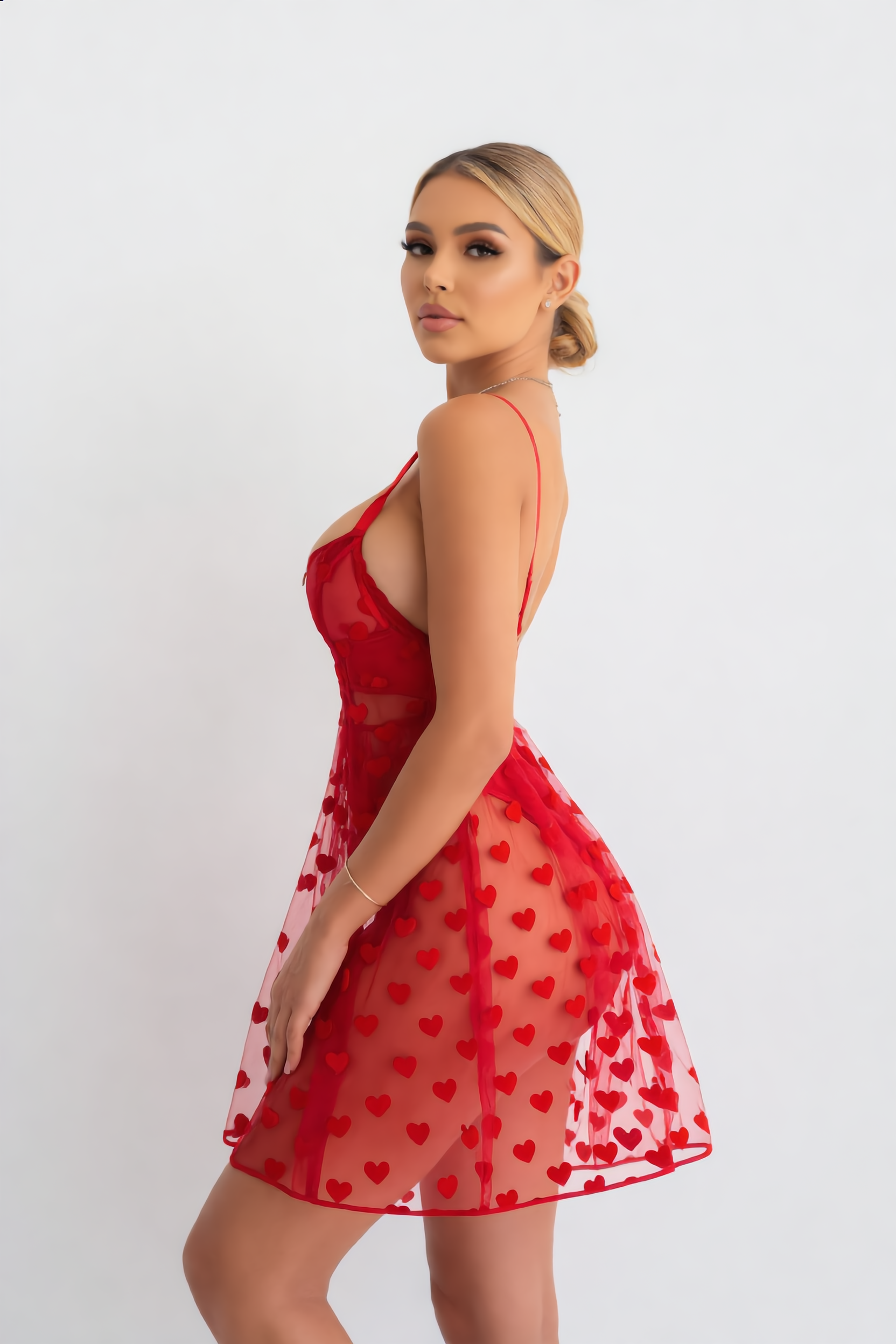 Red Hearts Mesh Sleeveless Dress With Panties Lingerie Set