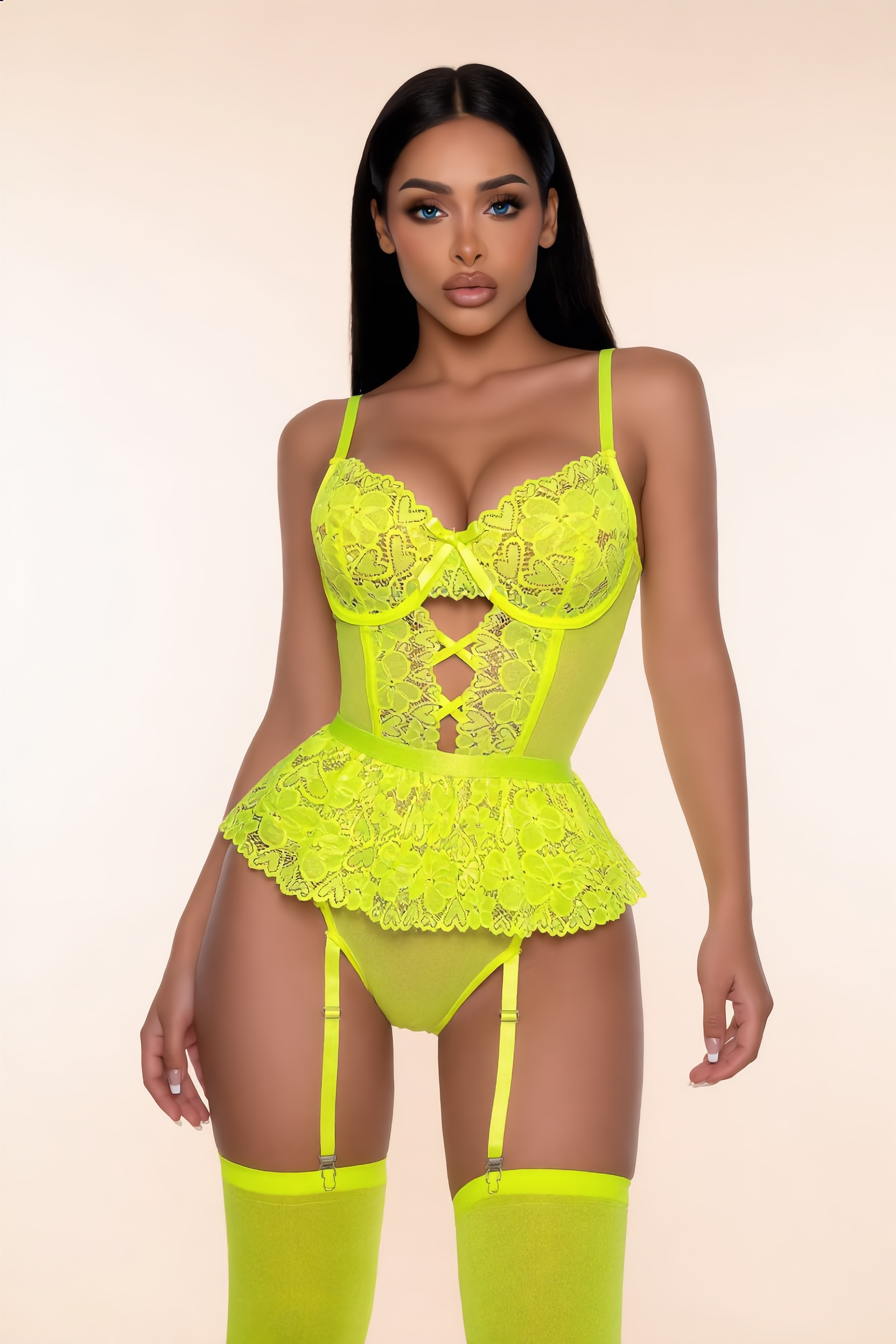 Bodysuit Set Dames – Neongroen 3-Delig Met Rokje En Kousen – Vrouwelijk Silhouet & Comfort