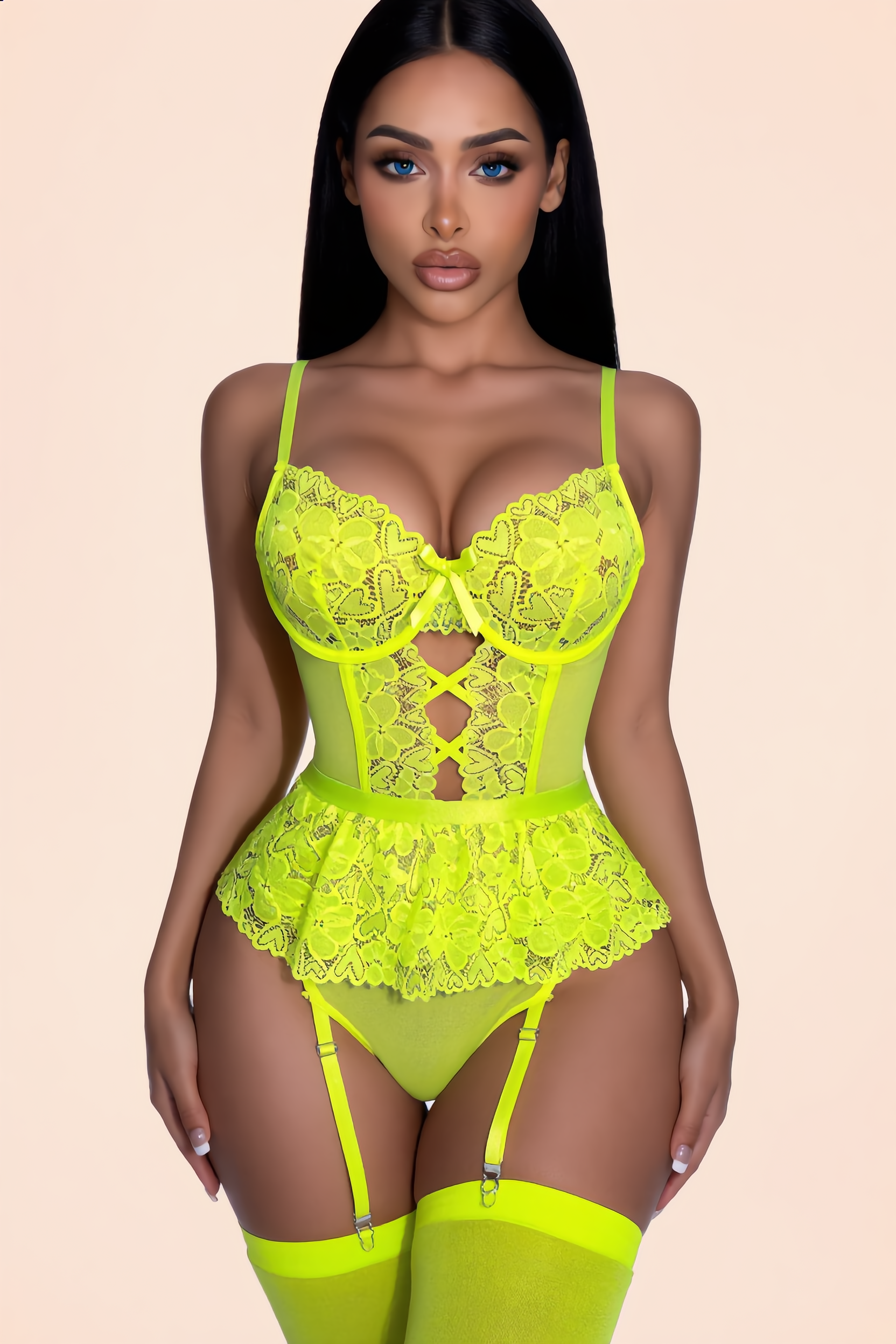 Bodysuit Set Dames – Neongroen 3-Delig Met Rokje En Kousen – Vrouwelijk Silhouet & Comfort