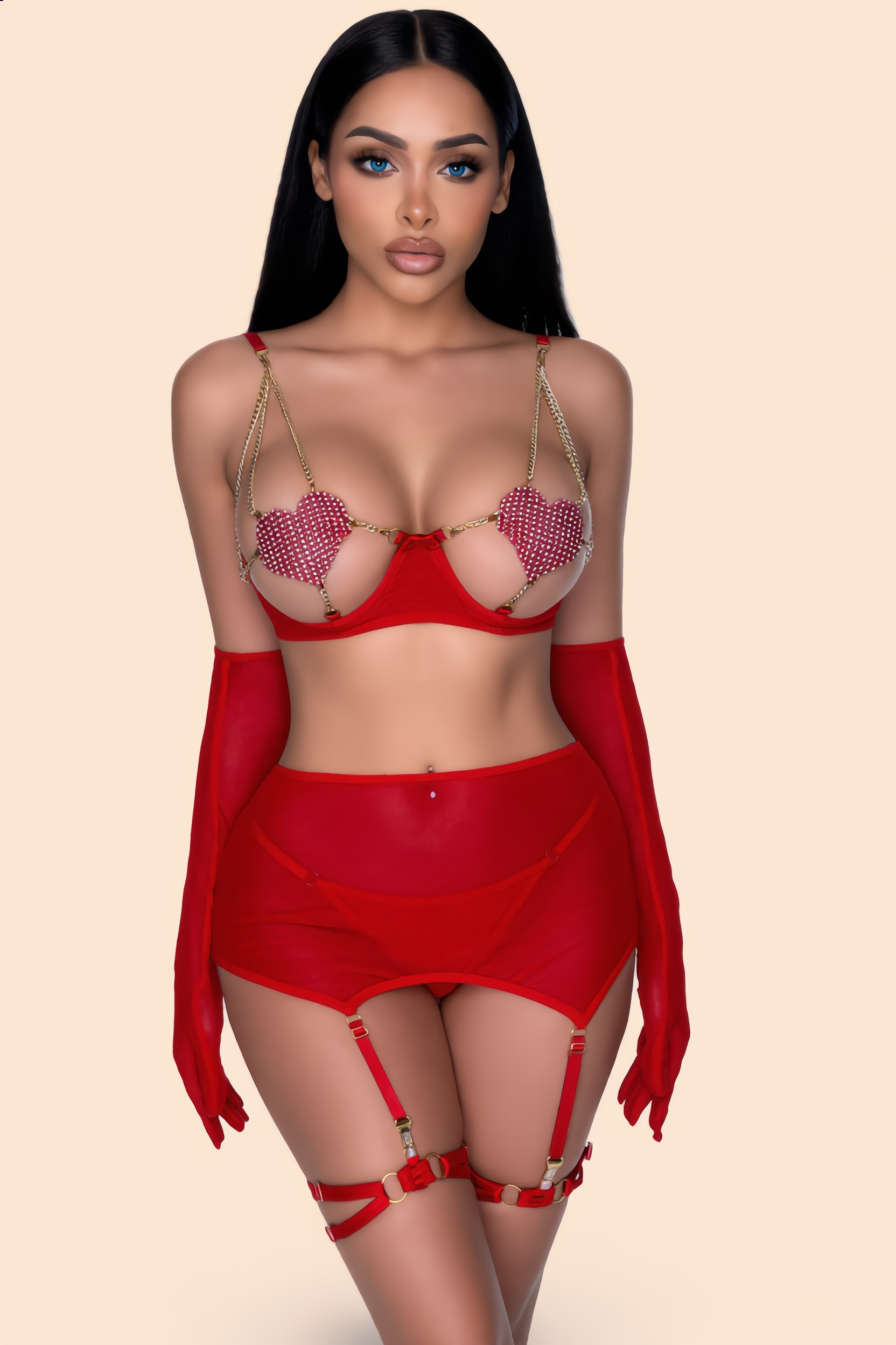 Lingerieset Dames Mesh – Rood Luxe 5-Delig Met Jarretelrok – Elegante Set met Sensuele Look