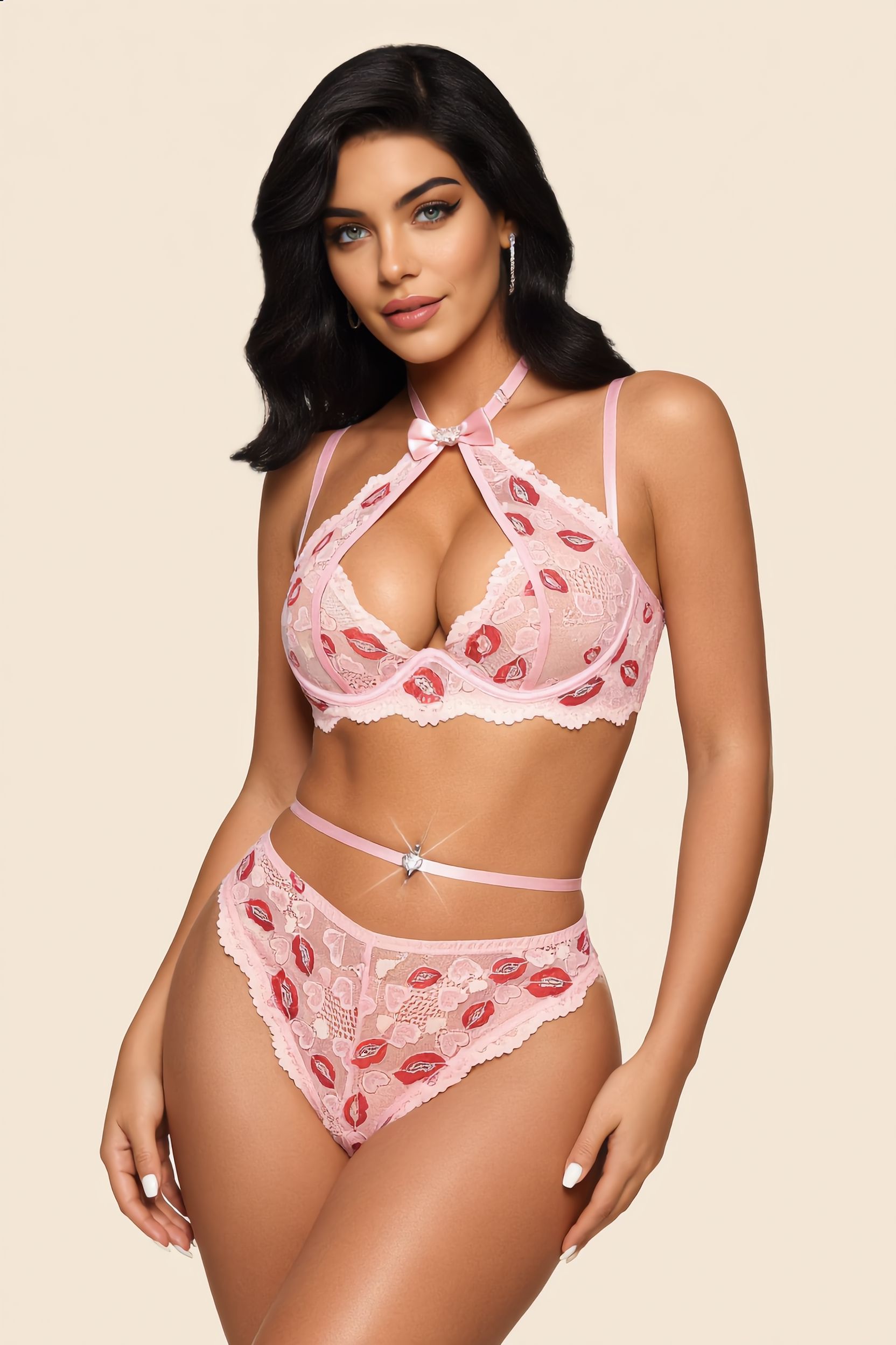 Lingerieset Dames Kant – Roze Met Haltertop – Verleidelijke Set met Soepele Pasvorm