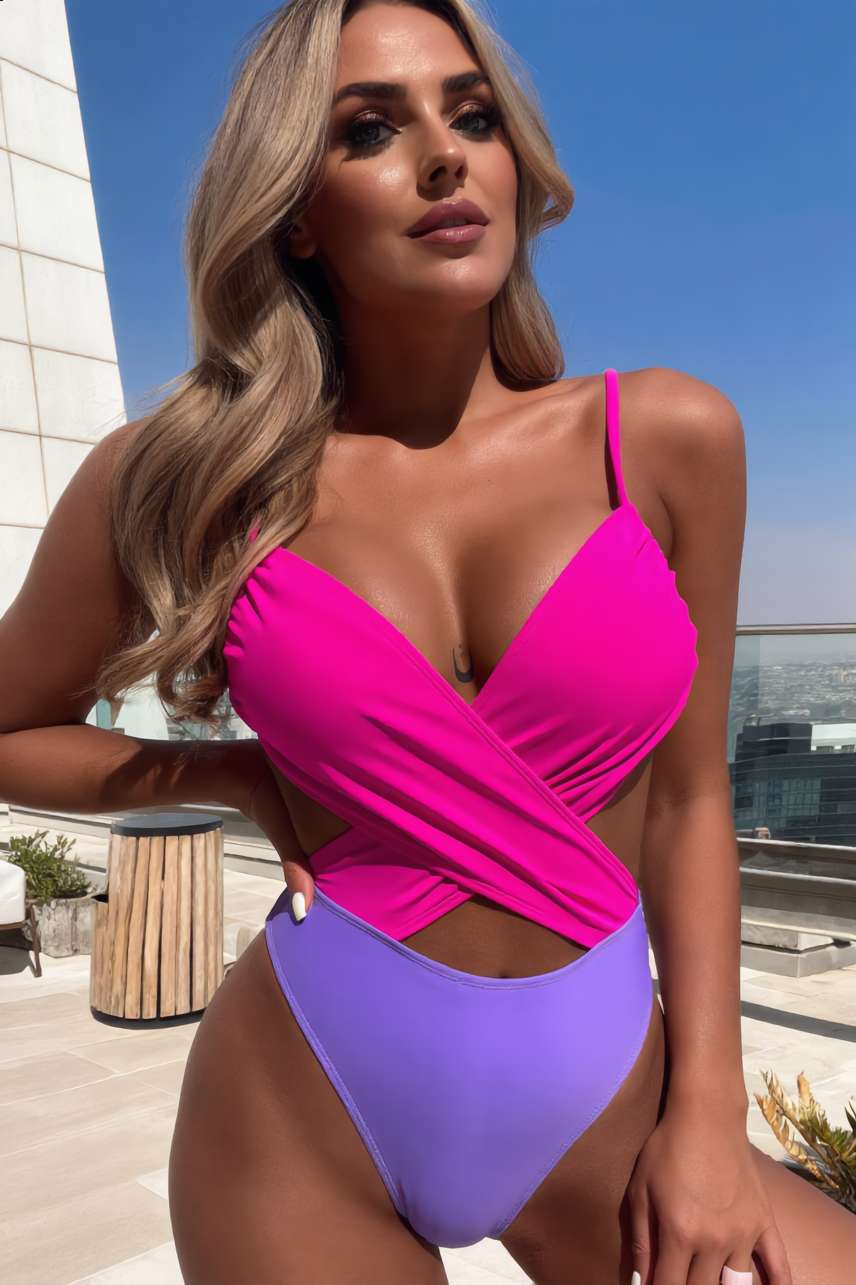 Paars Roze Halter Badpak Dames Strappy Zwemkleding