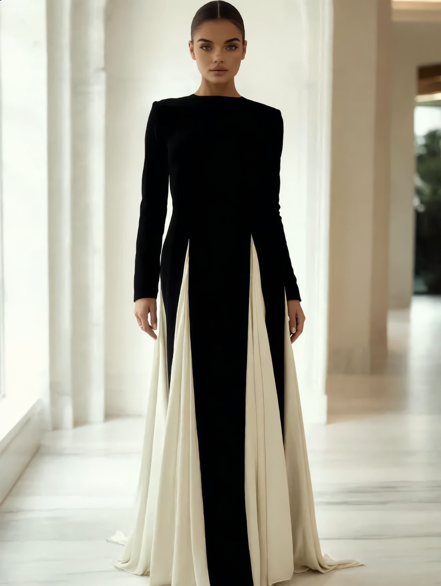 Dames Maxi Jurk | Lange Mouwen | Zwart-Wit Panelen Met Aansluitende Fit