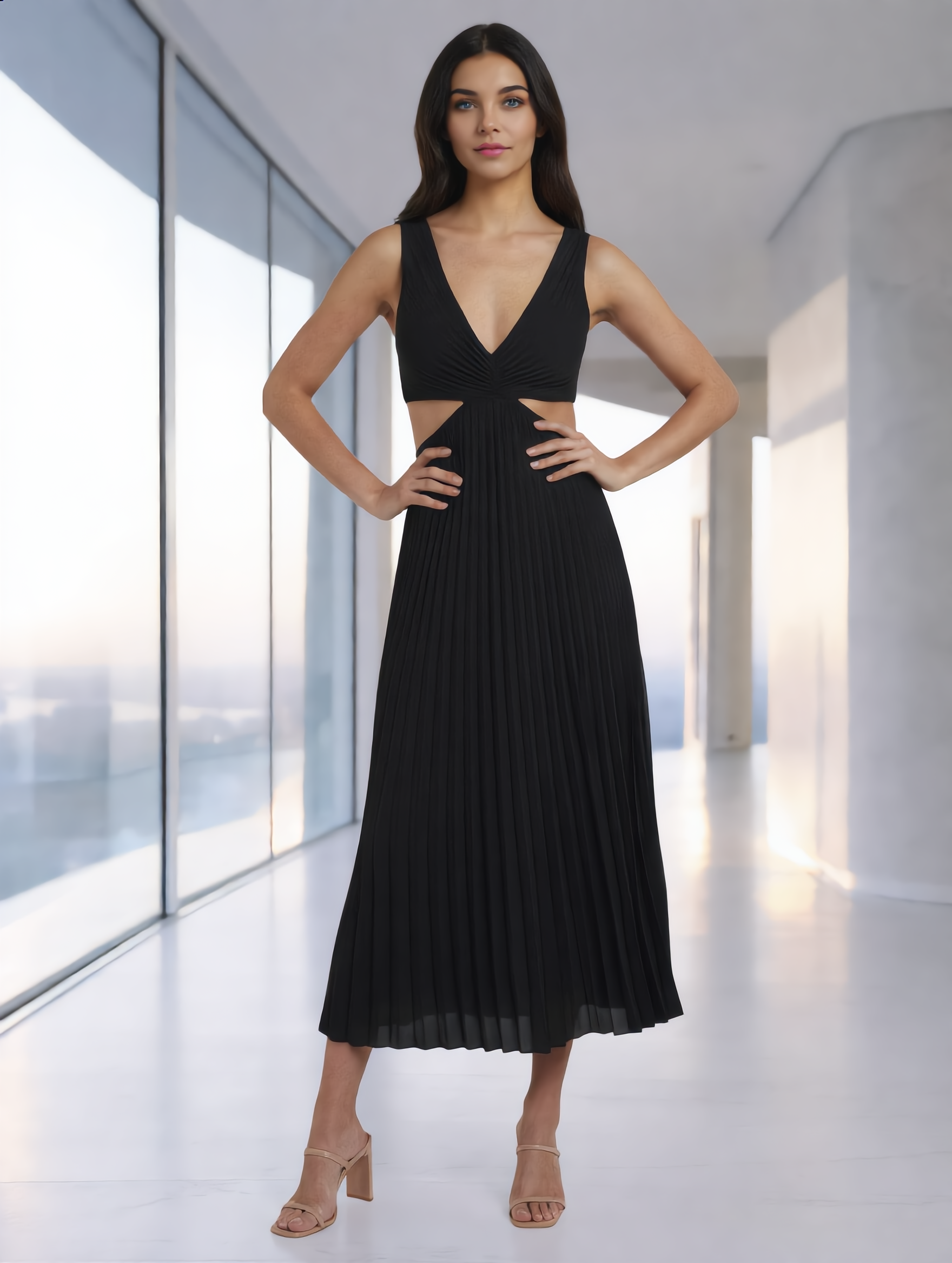 Midi Jurk Geplooide Rok met V-Hals en Cut-Out