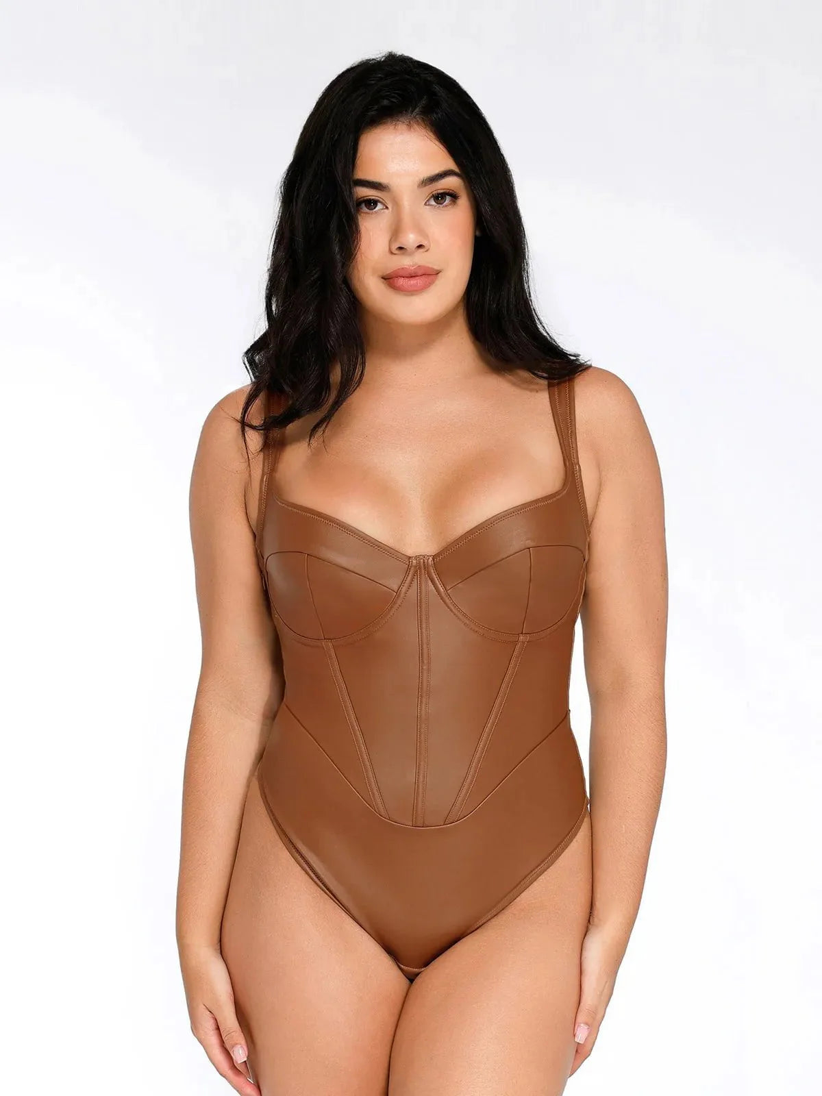 LIVIA – Faux Leather V-Neck Bodysuit - LivingCurves Sculpting Tummy Control Sleeveless Body Shaper Bruin / XS