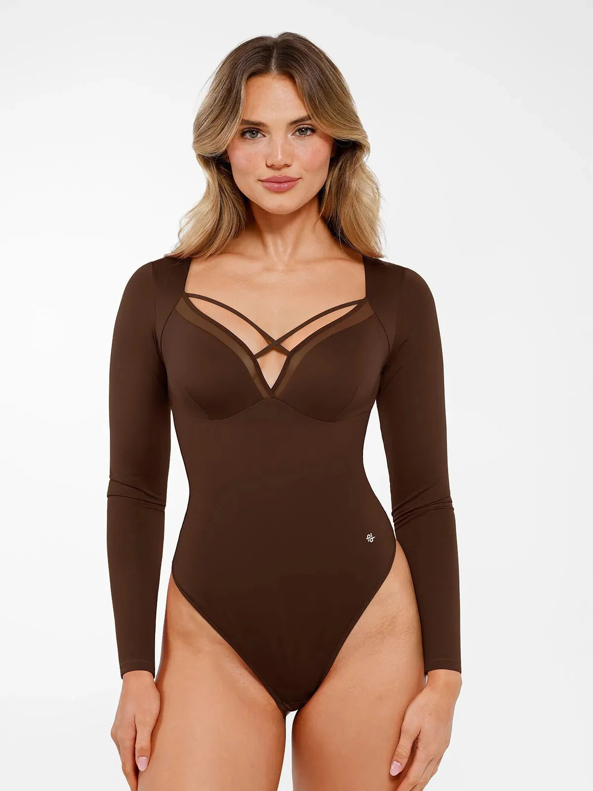 Shapewear Long Sleeve Mesh Inset Tummy Control Bodysuit - LivingCurves Tops Body Shaper Sculpting Winter Brown / S
