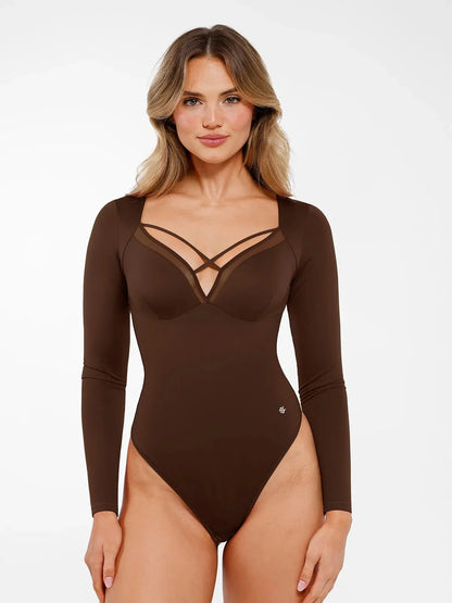 Shapewear Long Sleeve Mesh Inset Tummy Control Bodysuit - LivingCurves Tops Body Shaper Sculpting Winter Brown / S