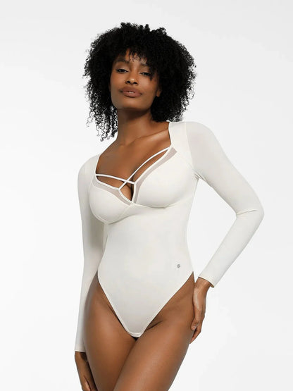 Shapewear Long Sleeve Mesh Inset Tummy Control Bodysuit - LivingCurves Tops Body Shaper Sculpting Winter White / S