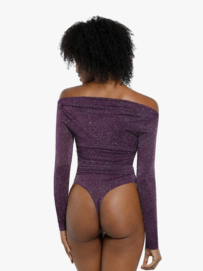 VERA – Metallic Knit Shaping Bodysuit met Lange Mouwen - LivingCurves Off Shoulder Shine Tops Body Shaper Winter Zwart / XS