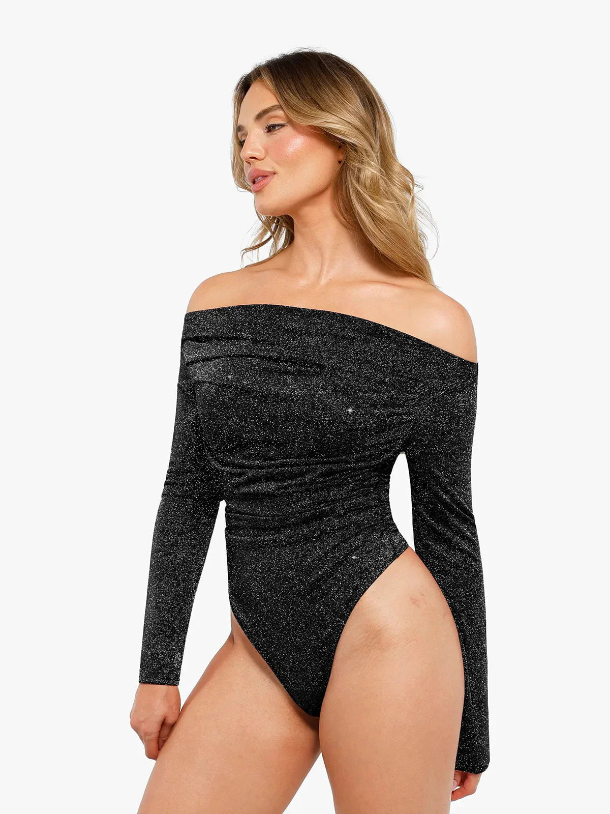 VERA – Metallic Knit Shaping Bodysuit met Lange Mouwen - LivingCurves Off Shoulder Shine Tops Body Shaper Winter Zwart / XS