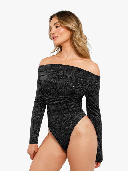 VERA – Metallic Knit Shaping Bodysuit met Lange Mouwen - LivingCurves Off Shoulder Shine Tops Body Shaper Winter Zwart / XS