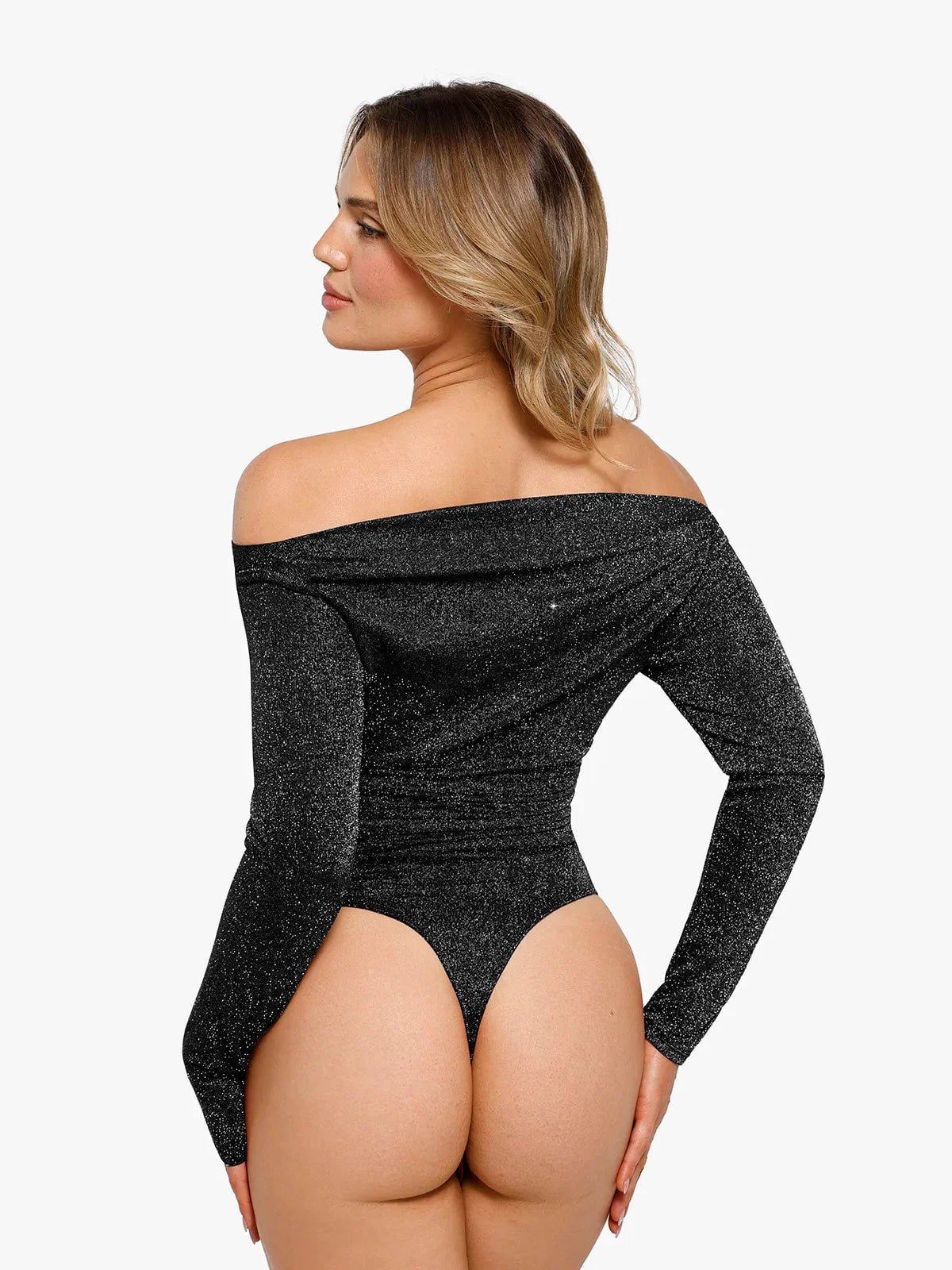 VERA – Metallic Knit Shaping Bodysuit met Lange Mouwen - LivingCurves Off Shoulder Shine Tops Body Shaper Winter Zwart / XS