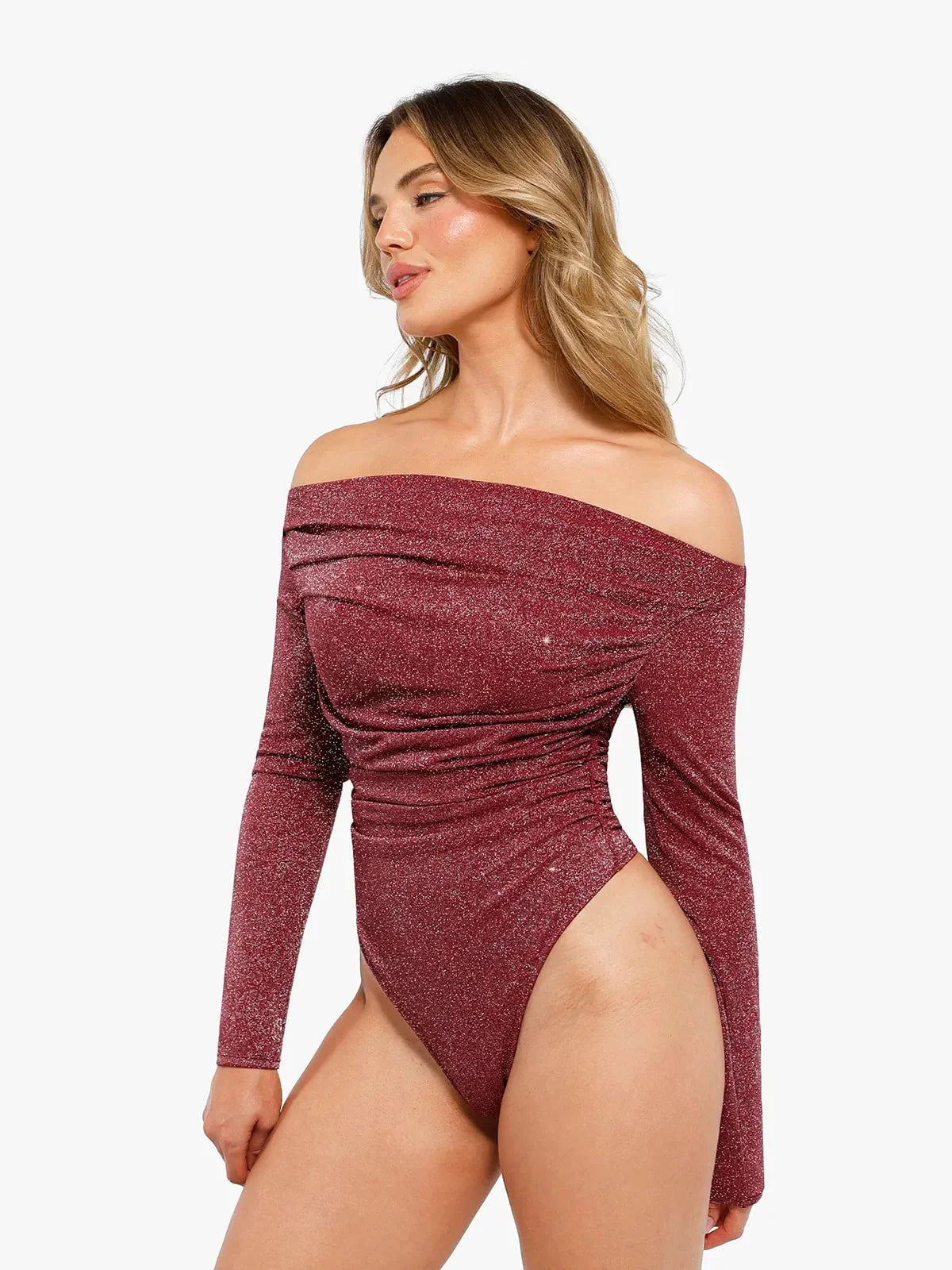 VERA – Metallic Knit Shaping Bodysuit met Lange Mouwen - LivingCurves Off Shoulder Shine Tops Body Shaper Winter Zwart / XS