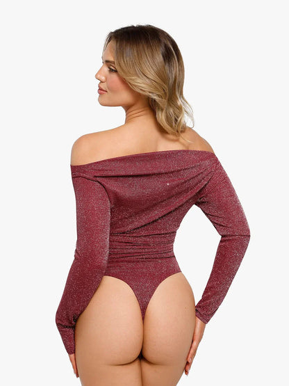 VERA – Metallic Knit Shaping Bodysuit met Lange Mouwen - LivingCurves Off Shoulder Shine Tops Body Shaper Winter Zwart / XS