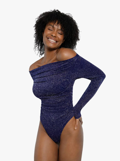 VERA – Metallic Knit Shaping Bodysuit met Lange Mouwen - LivingCurves Off Shoulder Shine Tops Body Shaper Winter Zwart / XS