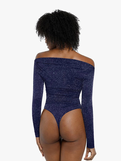 VERA – Metallic Knit Shaping Bodysuit met Lange Mouwen - LivingCurves Off Shoulder Shine Tops Body Shaper Winter Zwart / XS