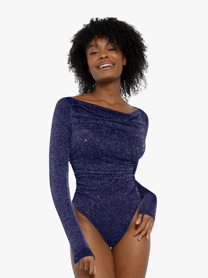 VERA – Metallic Knit Shaping Bodysuit met Lange Mouwen - LivingCurves Off Shoulder Shine Tops Body Shaper Winter Blauw / XS