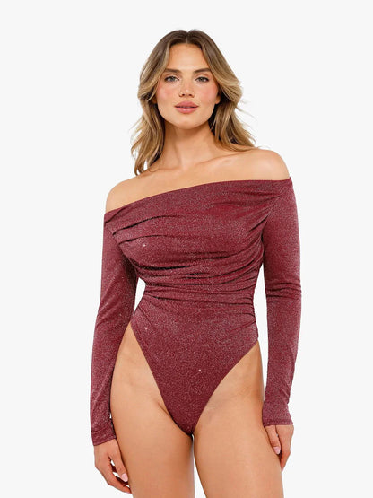 VERA – Metallic Knit Shaping Bodysuit met Lange Mouwen - LivingCurves Off Shoulder Shine Tops Body Shaper Winter Rood / XS