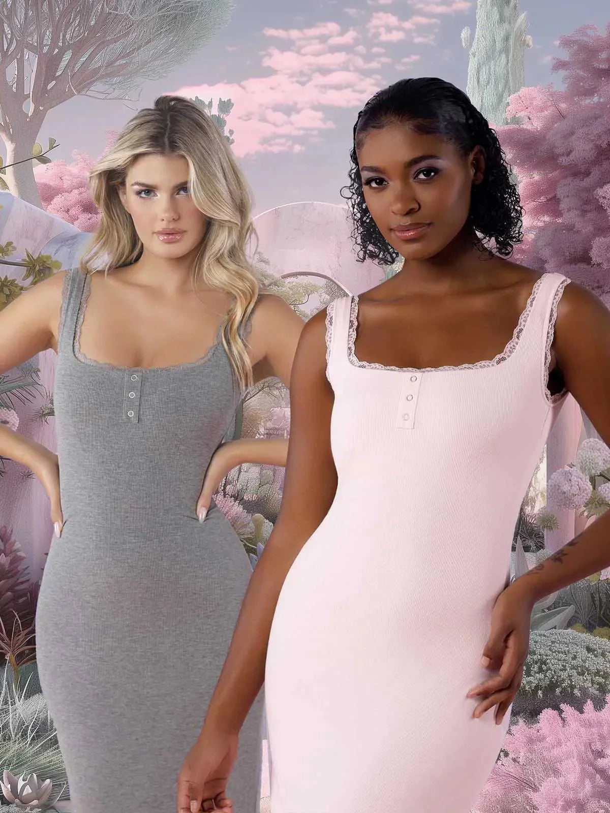 FAYE – Shaping Maxi Jurk met Kant & Henley Detail