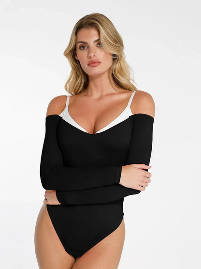 RHEA – Cold Shoulder Shaping Bodysuit - LivingCurves Tops Body Shaper Contrast Trim Winter Rood / XS