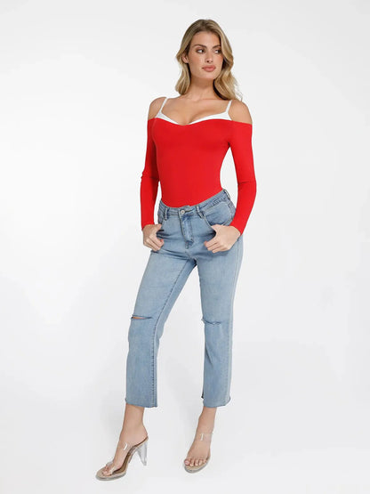 RHEA – Cold Shoulder Shaping Bodysuit - LivingCurves Tops Body Shaper Contrast Trim Winter Rood / XS