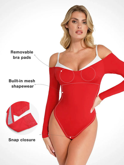 RHEA – Cold Shoulder Shaping Bodysuit - LivingCurves Tops Body Shaper Contrast Trim Winter Rood / XS