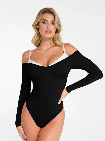 RHEA – Cold Shoulder Shaping Bodysuit - LivingCurves Tops Body Shaper Contrast Trim Winter Zwart / XS
