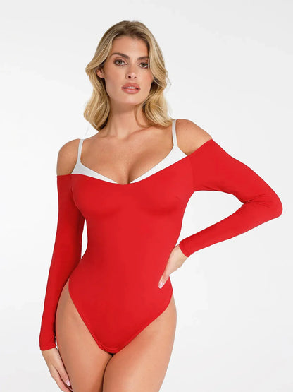 RHEA – Cold Shoulder Shaping Bodysuit - LivingCurves Tops Body Shaper Contrast Trim Winter Rood / XS
