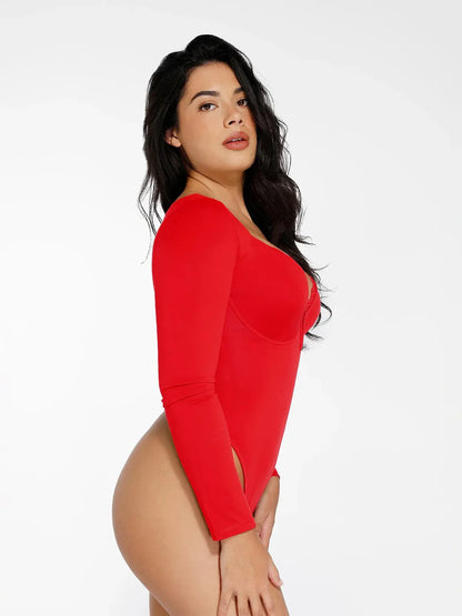 ELINE – Long Sleeve Lace V-Neck Bodysuit - LivingCurves Tops Body Shaper Sculpting Winter Rood / XS