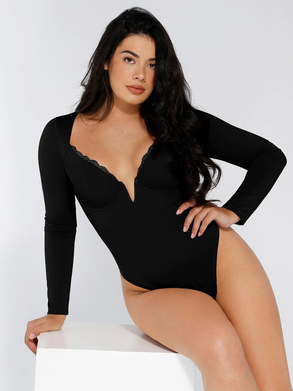 ELINE – Long Sleeve Lace V-Neck Bodysuit - LivingCurves Tops Body Shaper Sculpting Winter Rood / XS