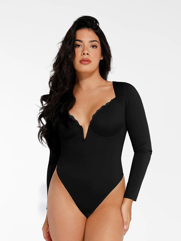 ELINE – Long Sleeve Lace V-Neck Bodysuit - LivingCurves Tops Body Shaper Sculpting Winter Zwart / XS