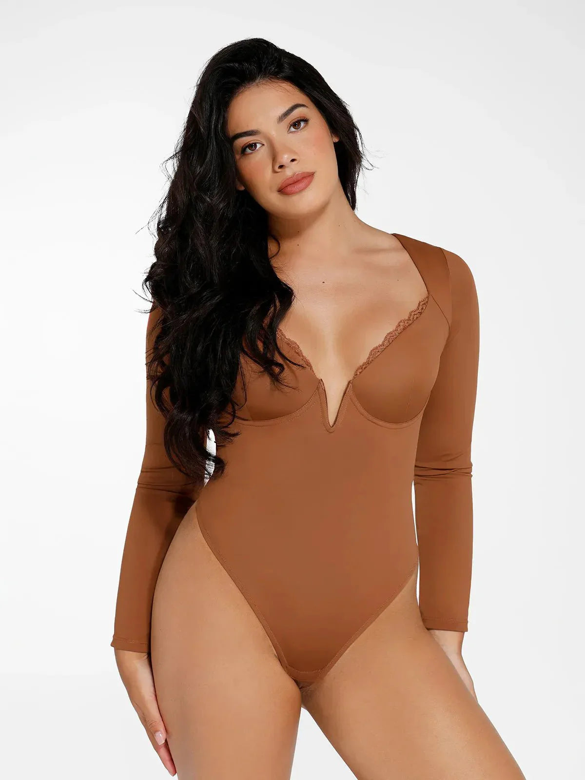 ELINE – Long Sleeve Lace V-Neck Bodysuit - LivingCurves Tops Body Shaper Sculpting Winter Bruin / XS