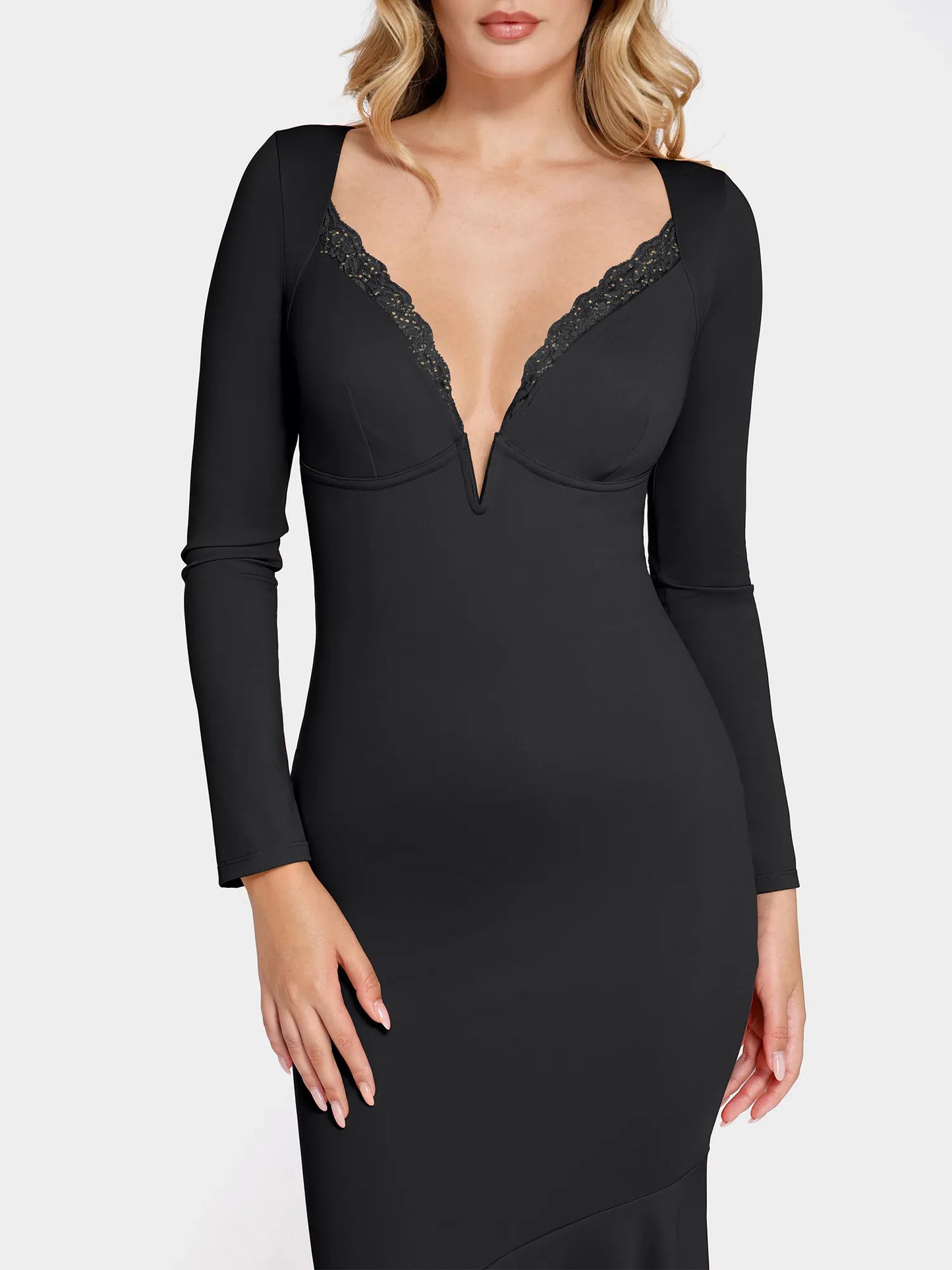 ELVA – Shapewear Maxi Jurk met Kant & Lange Mouwen