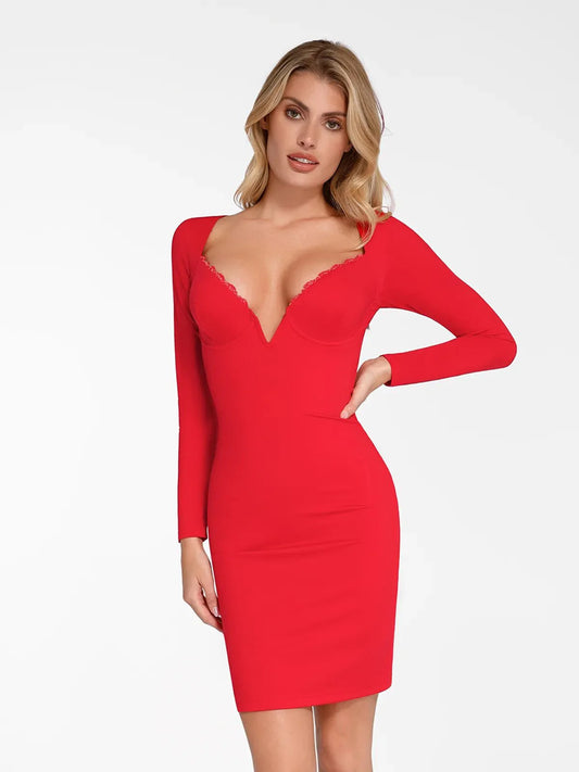 VENA – Shapewear Mini Jurk met Kant en V-Hals