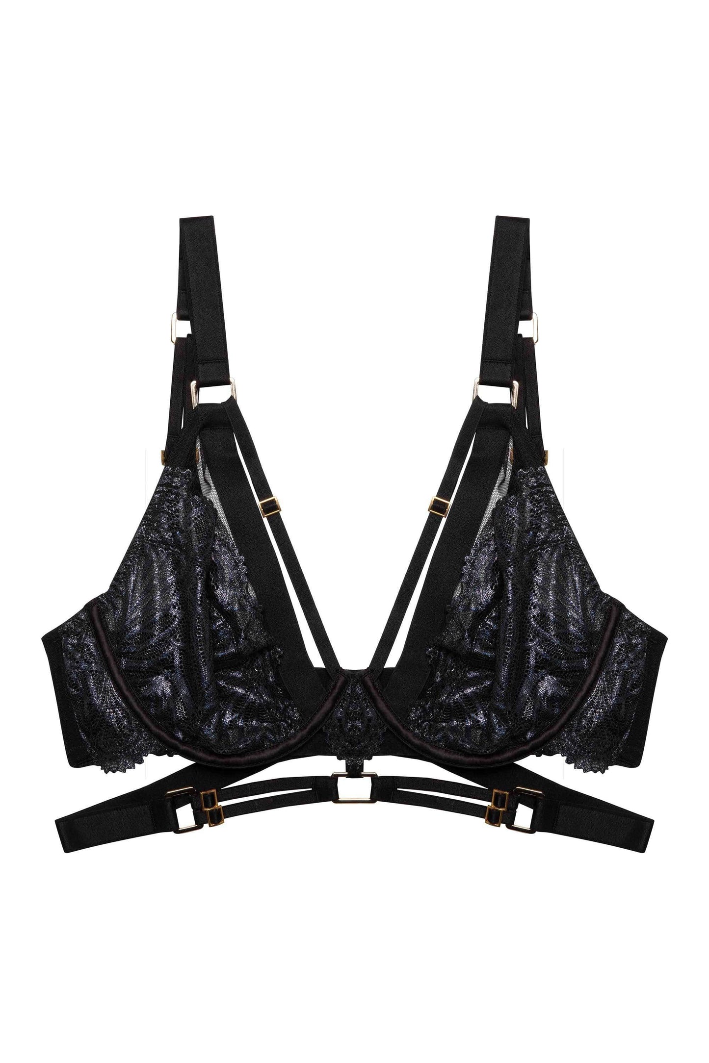 TABYX – Wet-Look Lace Plunge BH Zwart - LivingCurves Bra 30DD