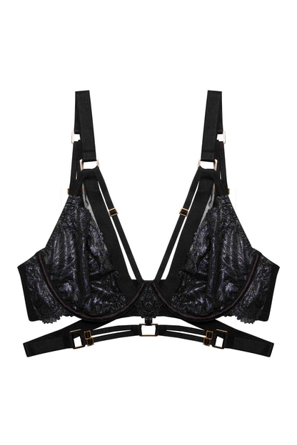 TABYX – Wet-Look Lace Plunge BH Zwart - LivingCurves Bra 30DD