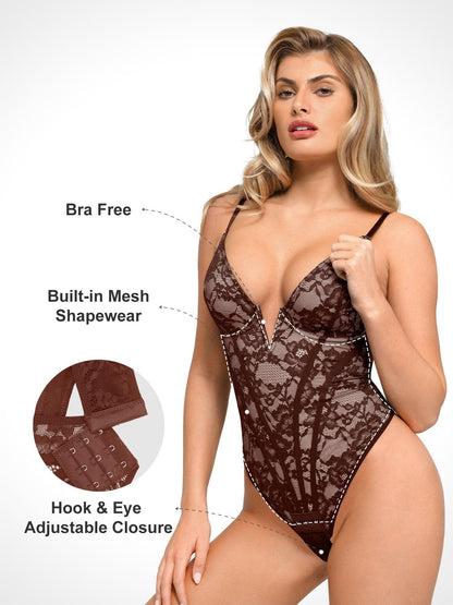 ESME – Kanten Corset Bodysuit met Diepe V - LivingCurves Tops Body Shaper Zwart / S