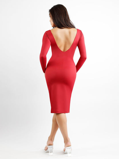 Shapewear Long Sleeve Boat Neck Sculpting Midi Dress - LivingCurves Low Back Formal Bodycon Party Winter Gown Black / S