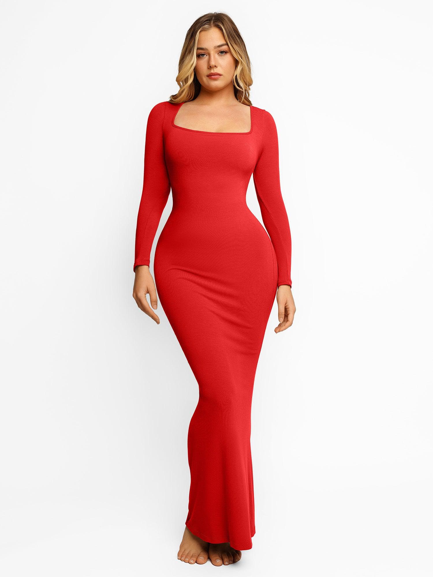 NOVA – Shapewear Maxi Dress met Lange Mouw - LivingCurves Bodycon Party Cocktail Loungewear Winter Rood / XS
