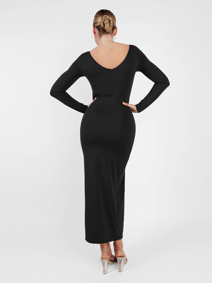 AMARA – Shaping Maxi Jurk met V-Hals & Lange Mouwen