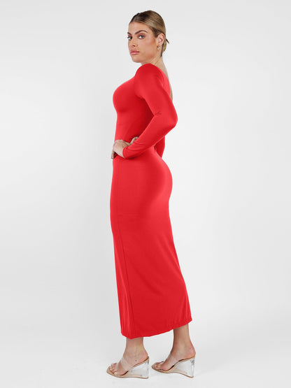 AMARA – Shaping Maxi Jurk met V-Hals & Lange Mouwen