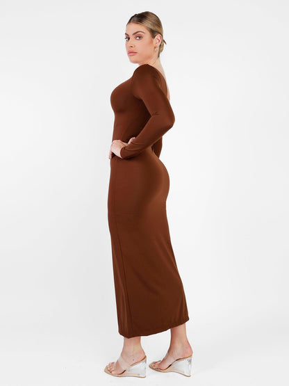 AMARA – Shaping Maxi Jurk met V-Hals & Lange Mouwen
