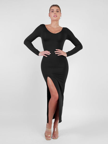 AMARA – Shaping Maxi Jurk met V-Hals & Lange Mouwen