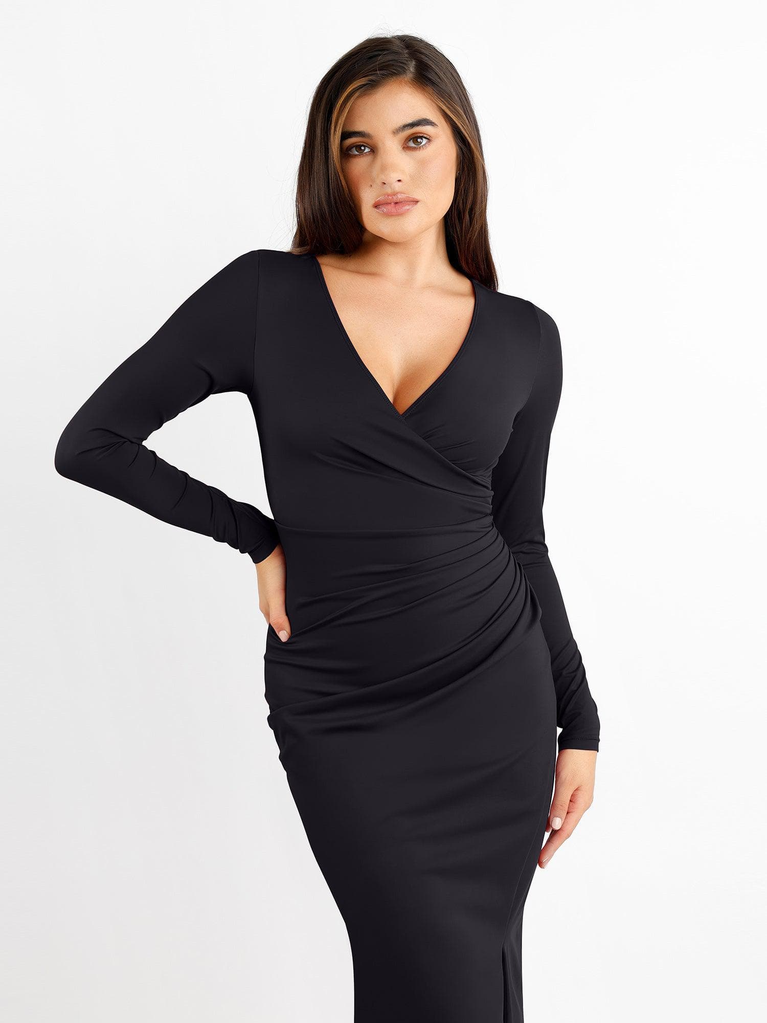 AURENE – Shaping Ruched Midi Dress - LivingCurves Formal Bodycon Party Winter Dress Rood / S