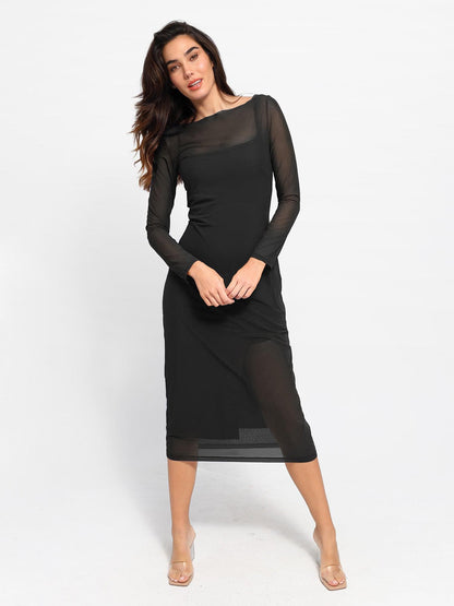 NOIR – Slimming Midi Jurk met Mesh Overlay