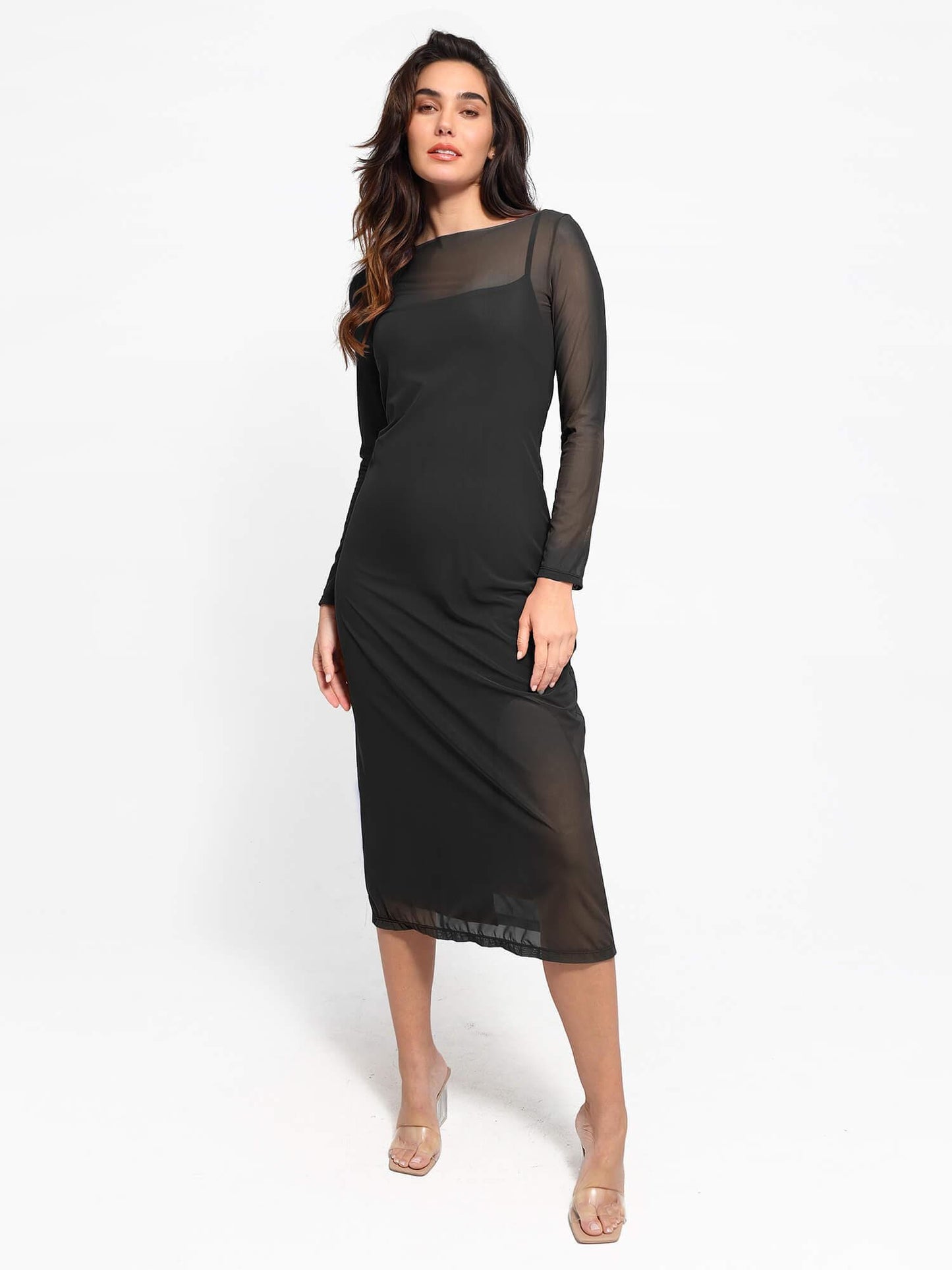 NOIR – Slimming Midi Jurk met Mesh Overlay
