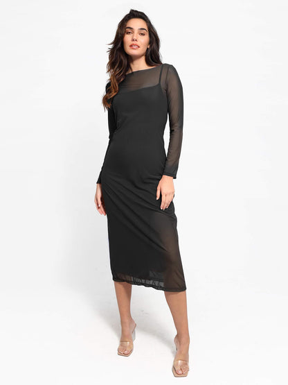 NOIR – Slimming Midi Jurk met Mesh Overlay