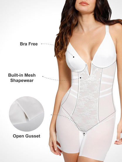 Shapewear Deep V-Neck Lace Tummy Control Mid-Thigh Bodysuit - LivingCurves Low Back Body Shaper Jumpsuit White / S