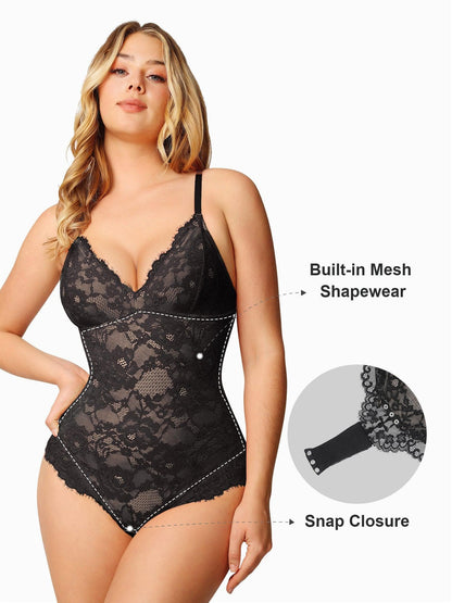 ELYSIA – Lace Bodysuit - LivingCurves Sexy Shaping Daily Outfits Kant Deep-V (valt klein) / Zwart / S