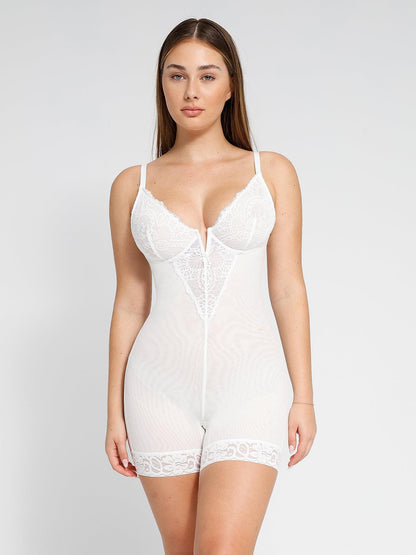 ELYSIA – Lace Bodysuit - LivingCurves Sexy Shaping Daily Outfits Kant Deep-V korte bodysuit / Wit / S